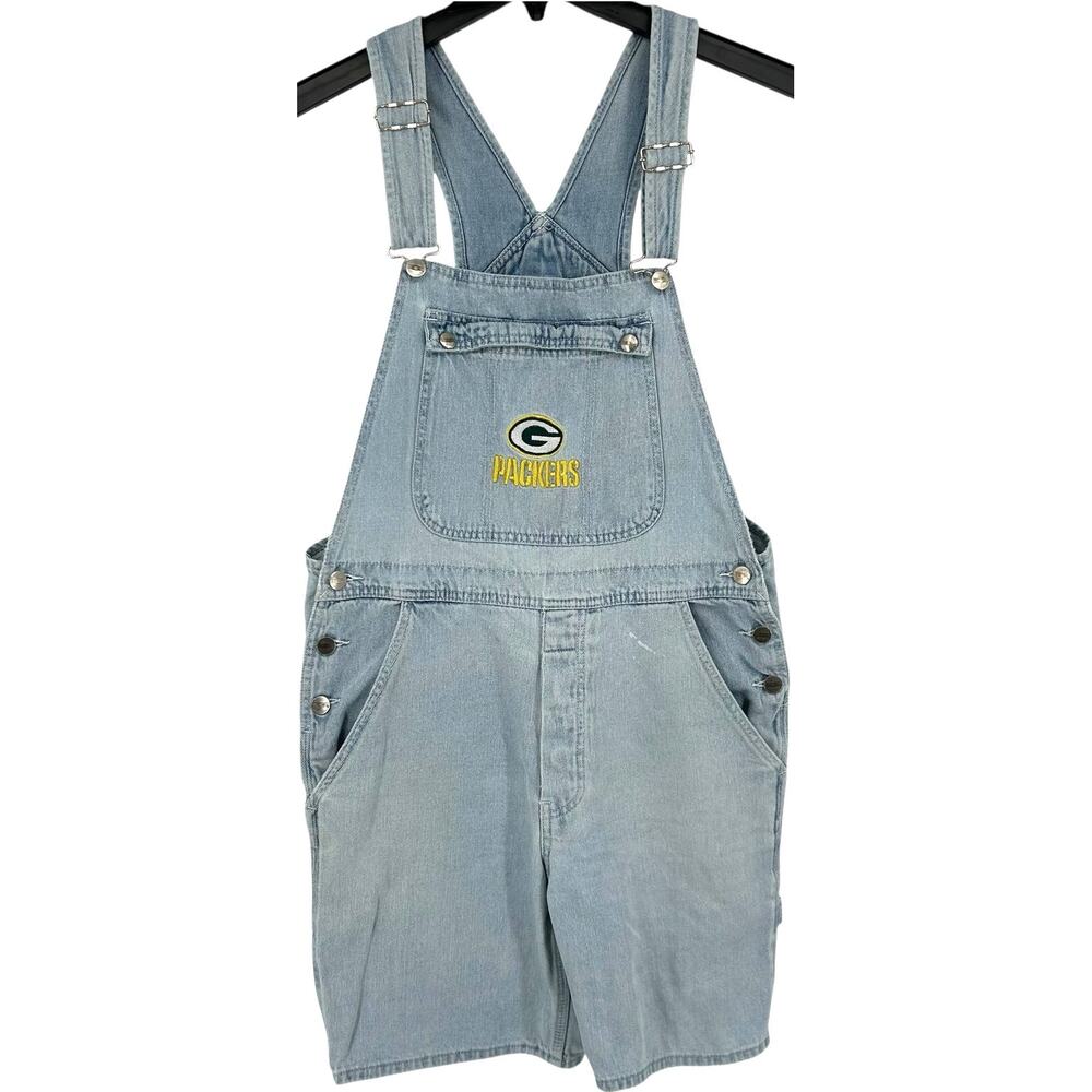 Vintage 90s Womens NFL Green Bay Packers Blue Denim Bibs Overalls Shortalls Sz M